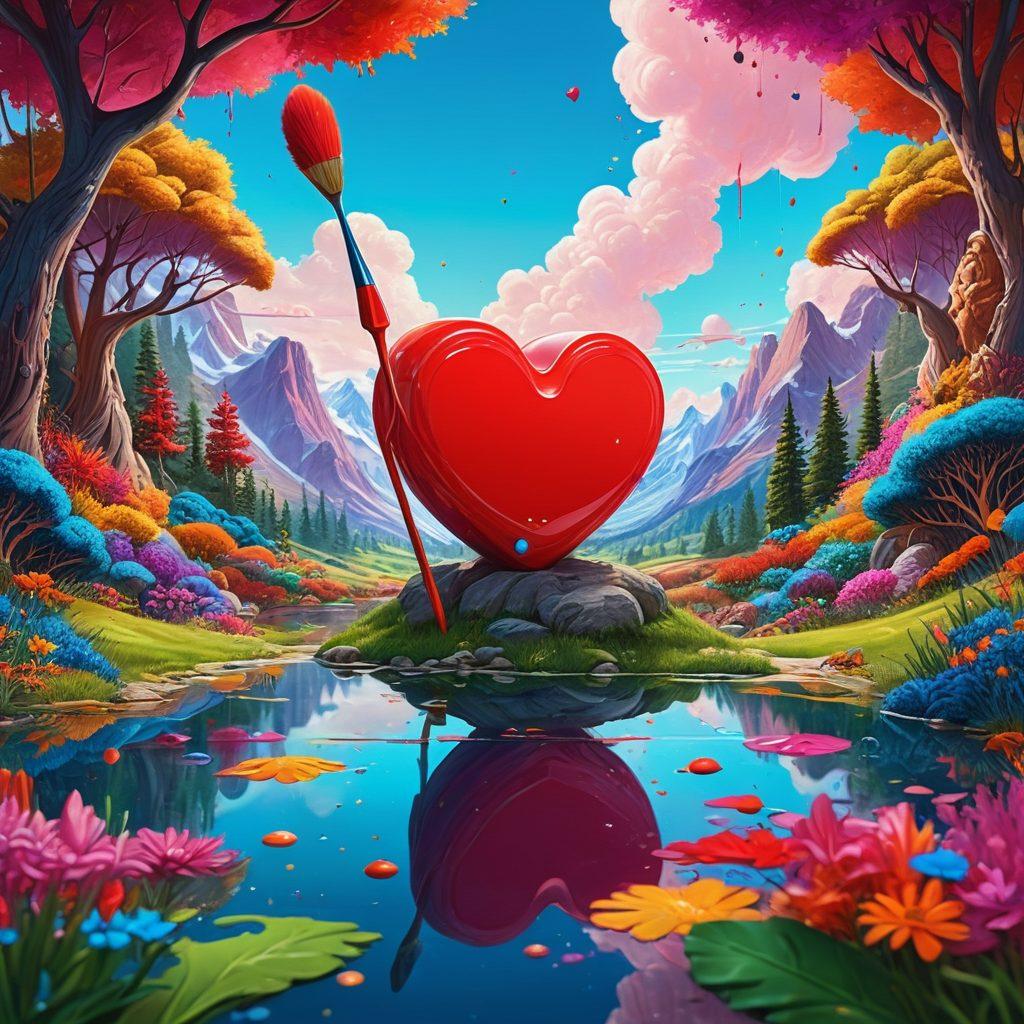 A surreal landscape where playful adult cartoon characters engage in artistic expressions, surrounded by vibrant colors and abstract shapes symbolizing desire. Incorporate elements like paint brushes, canvases, and heart motifs blending into the scenery. The atmosphere feels both whimsical and provocative, inviting viewers to explore deeper meanings. super-realistic. vibrant colors. 3D.