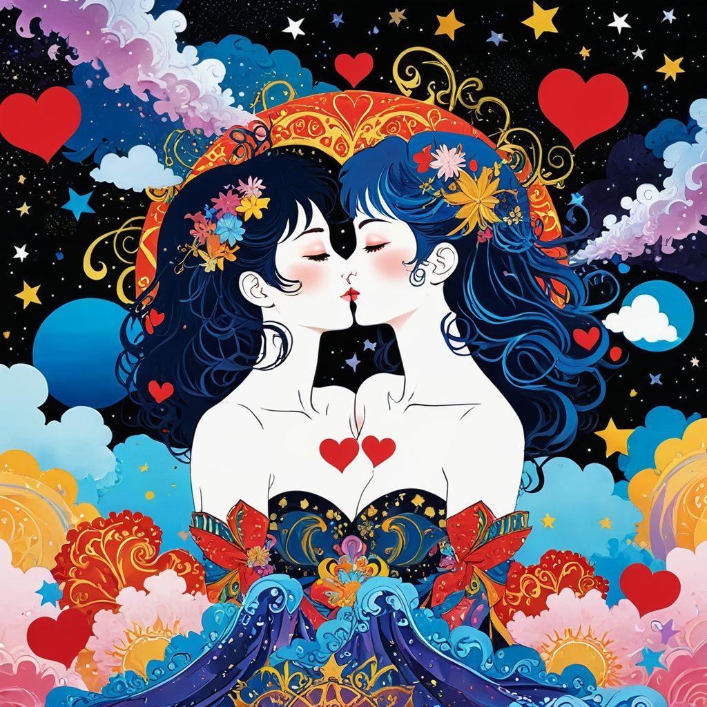 A vibrant and colorful collage showcasing various scenes from erotic manga, blending whimsical fantasy elements like floating hearts and starry skies, with characters expressing emotional depth and passion. Include an ornate scroll featuring abstract patterns and intricate details weaving through the scenes. The overall composition should evoke a sense of wonder and intrigue. super-realistic. vibrant colors. 3D.